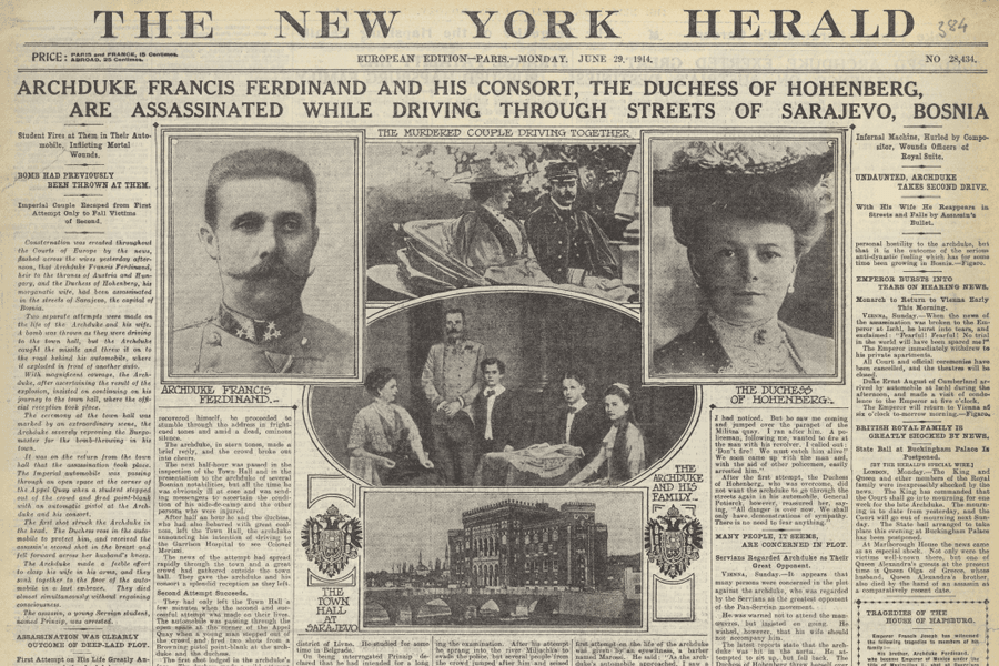 Newspaper Headline Archduke Assassination, 29 June 1914